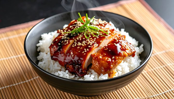 Chicken teriyaki over steamed rice, served hot