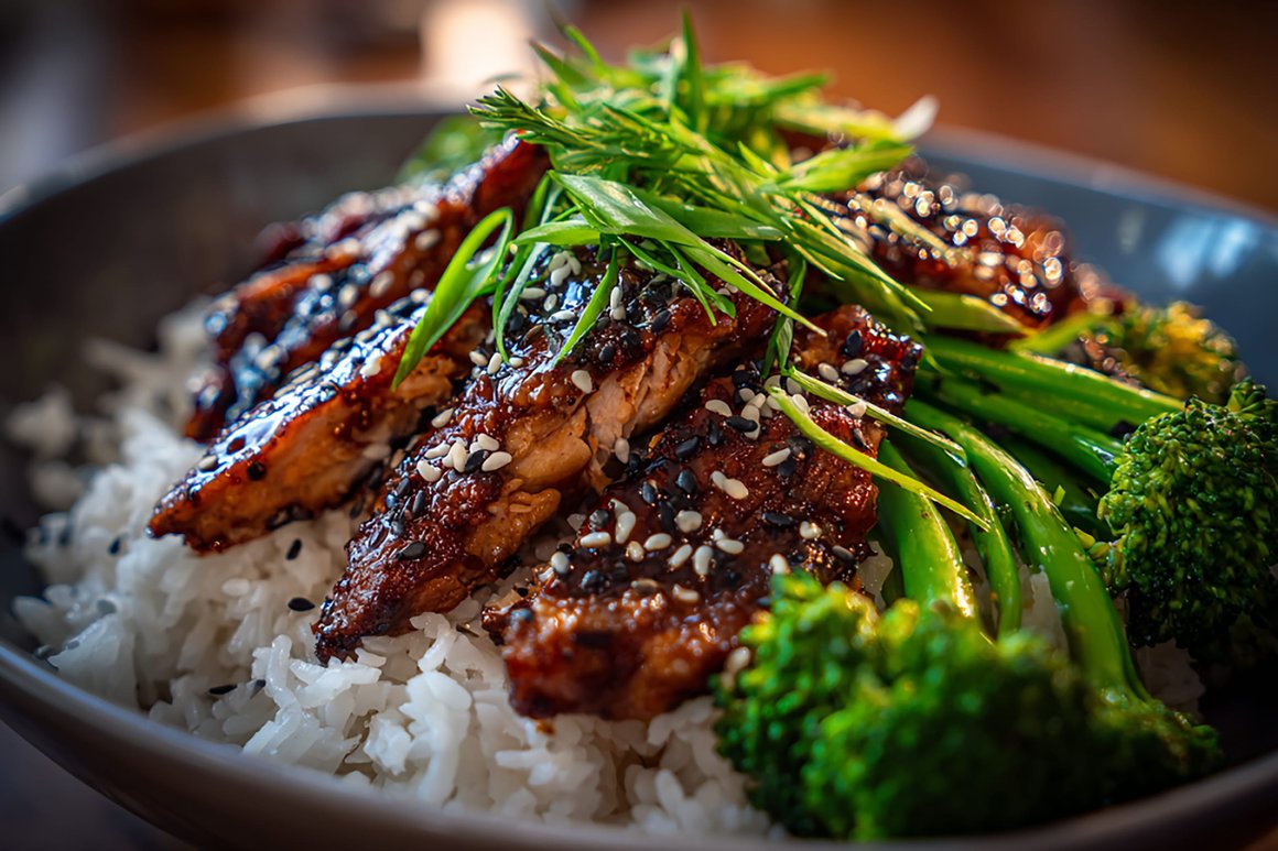 Glazed teriyaki chicken over rice with spring onion and broccoli