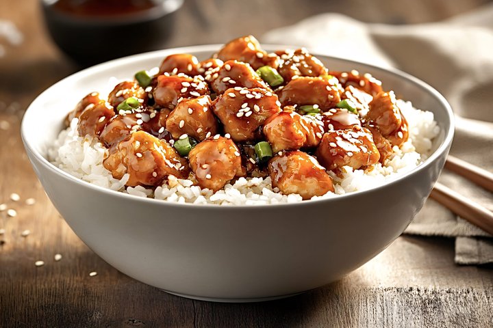 Glazed chicken pieces over steamed rice in a white bowl
