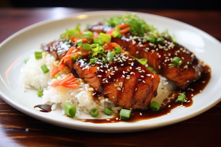 Salmon teriyaki with rice and spring onion