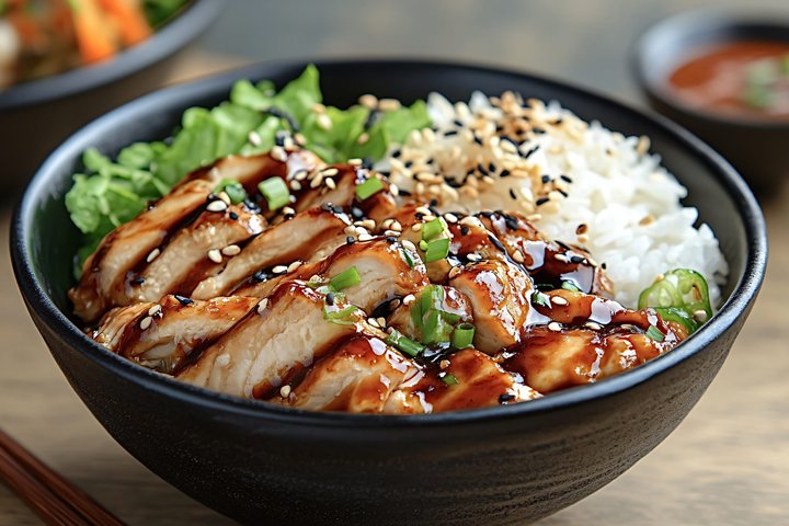 Sliced chicken teriyaki over rice with greens and sesame
