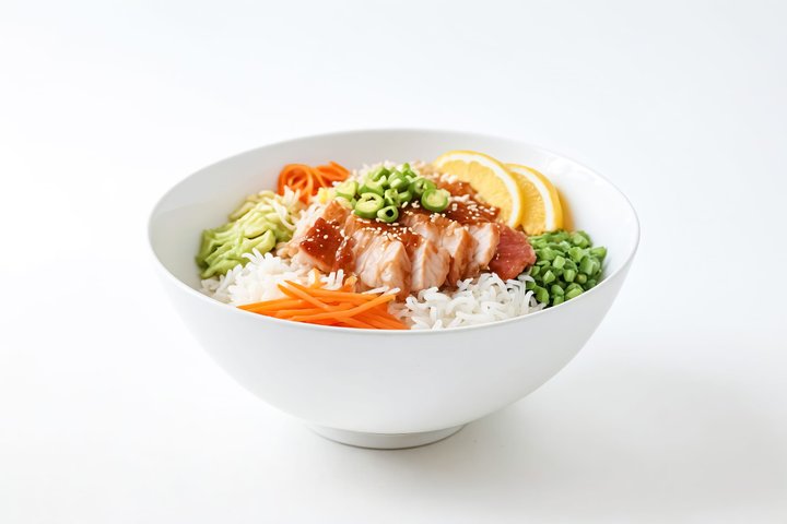 Teriyaki bowl with shredded carrot, peas and citrus