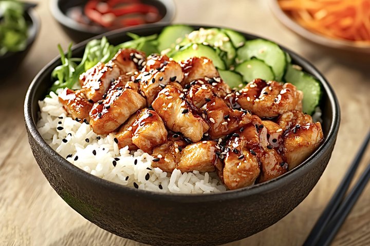 Chicken teriyaki rice bowl with cucumber and sesame
