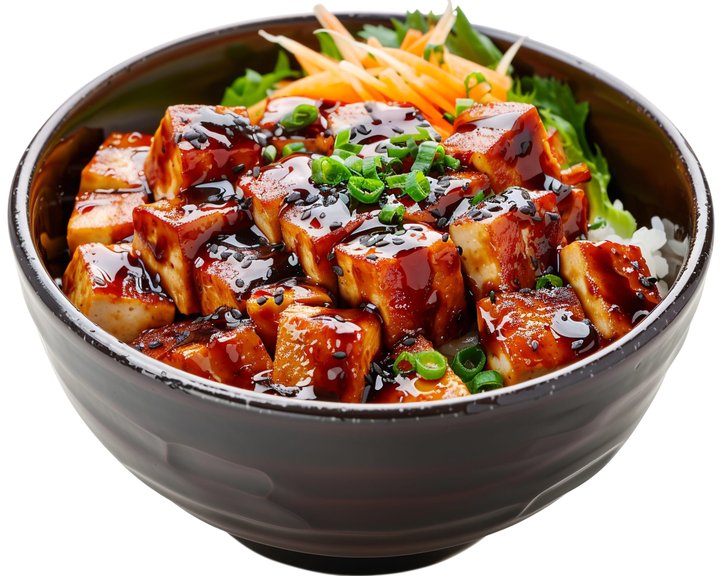 Tofu teriyaki bowl with carrot and spring onion